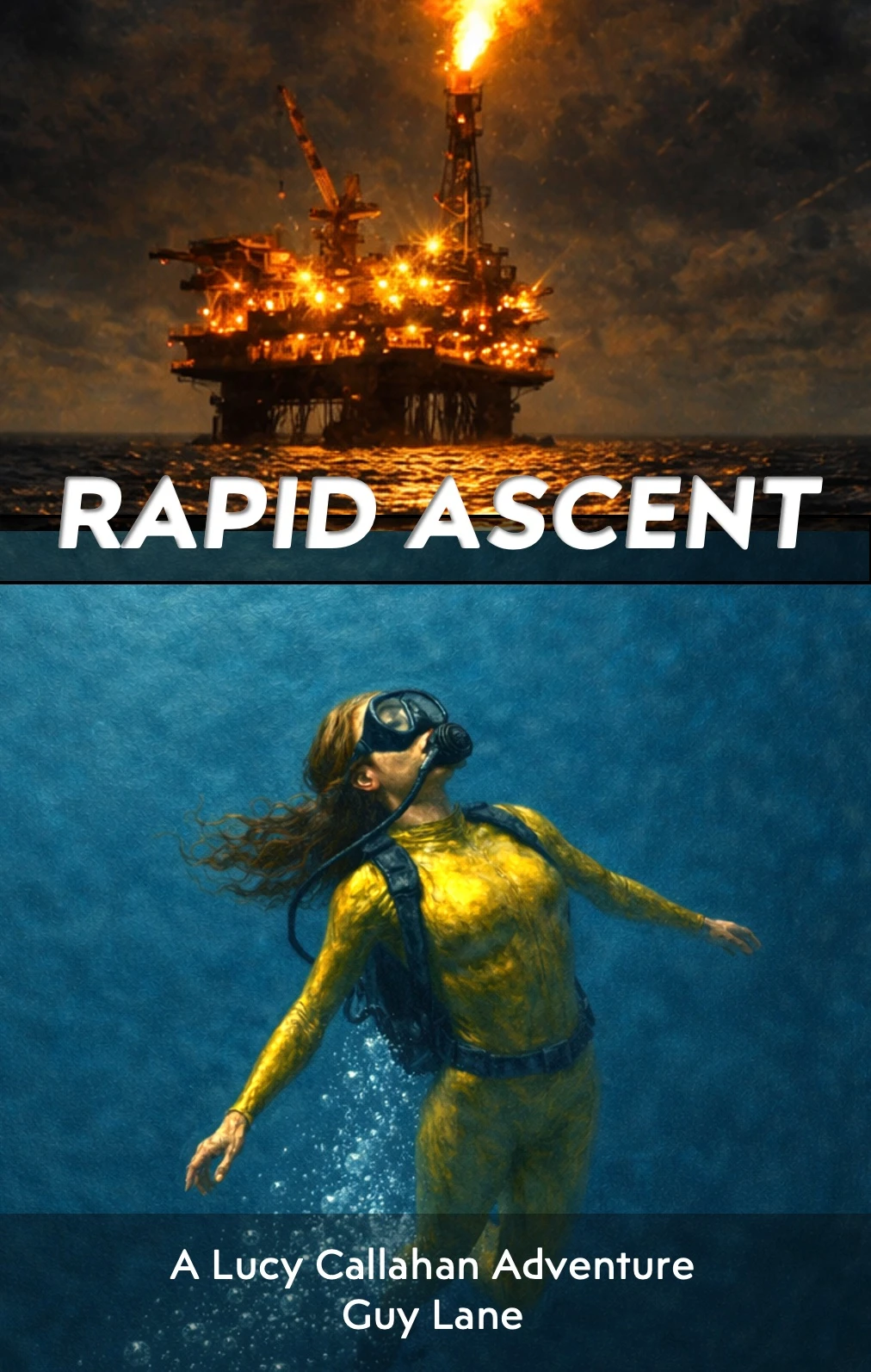 Rapid Ascent book cover — an oil rig looms over a diver rising through dark water